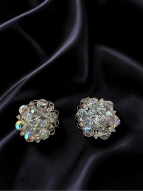 Vintage Aurora Borealis Crystal Cluster Clip-On Earrings
